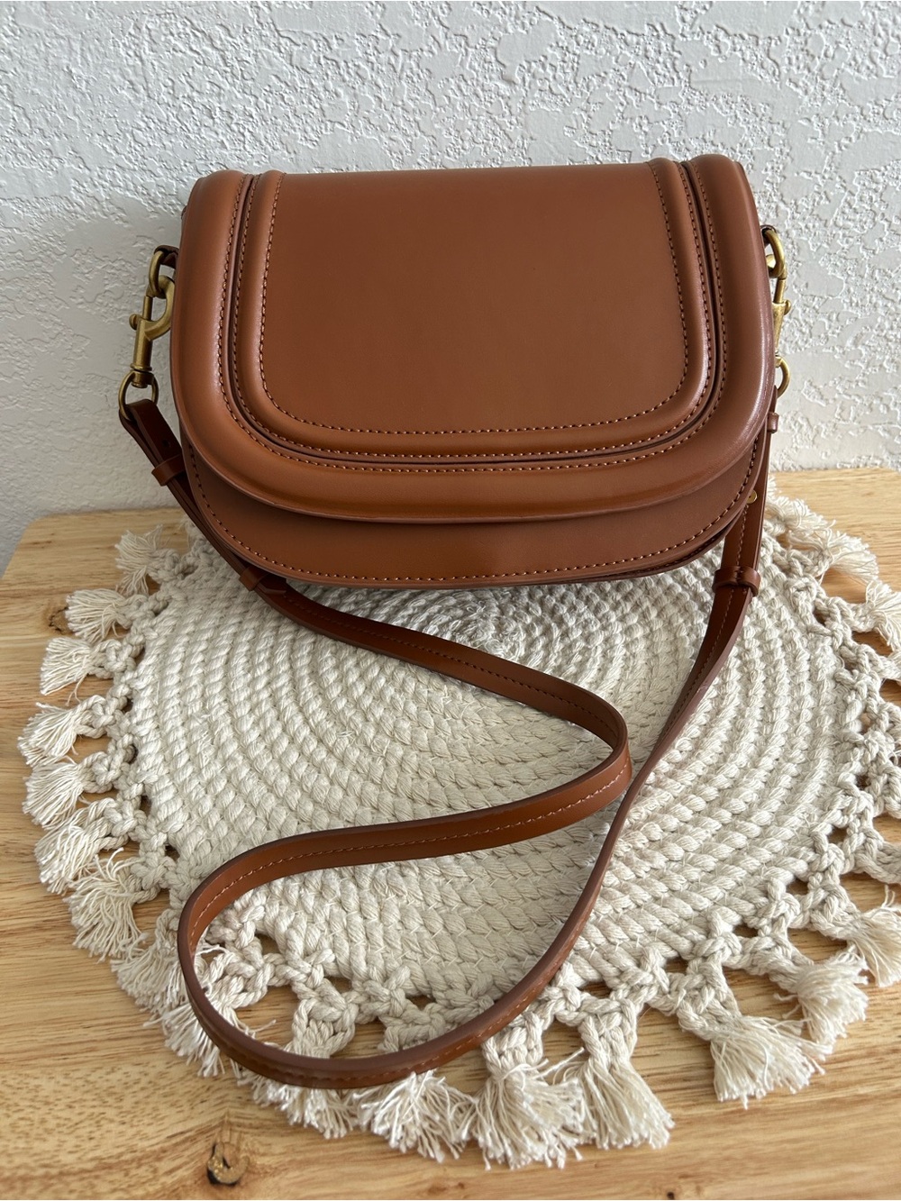 Zara Quiet Luxury Equestrian Structured Faux Leather Cognac Brown Crossbody Bag